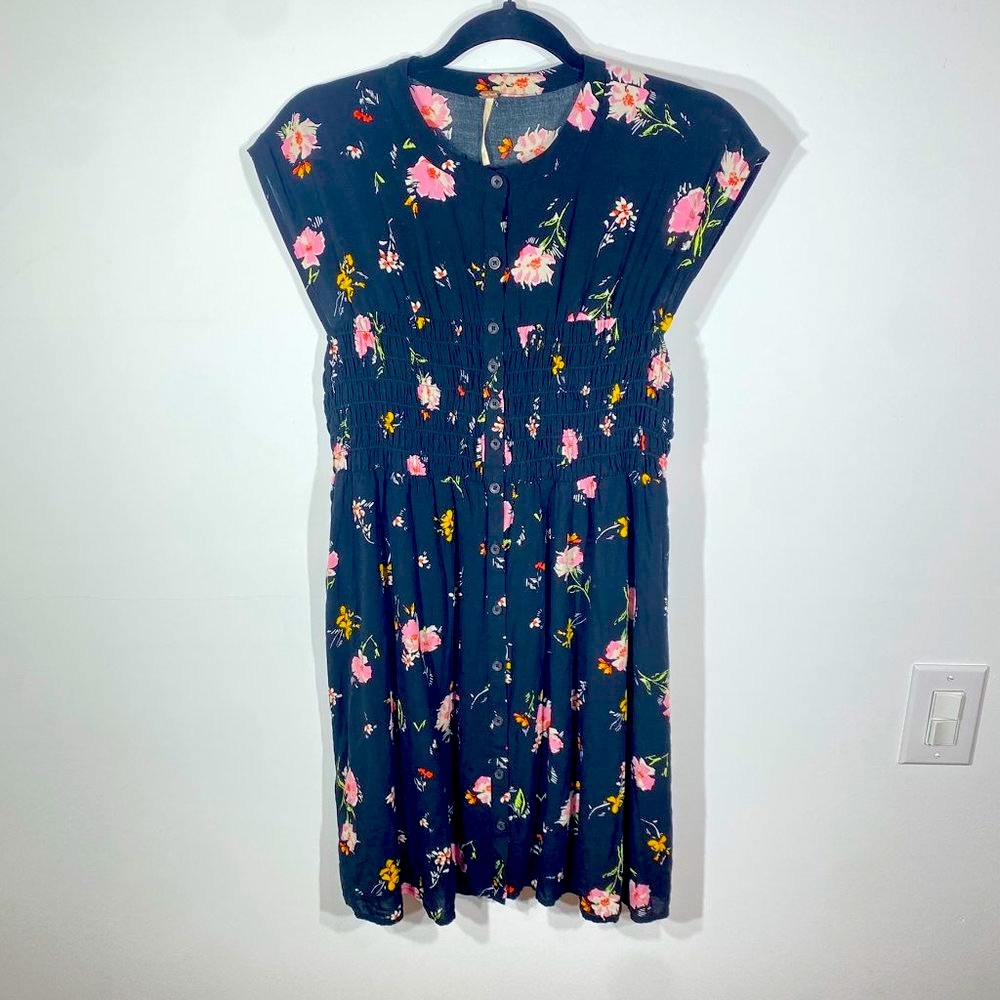 Free People Black Floral Button Down Sleeveless Dress, Size M